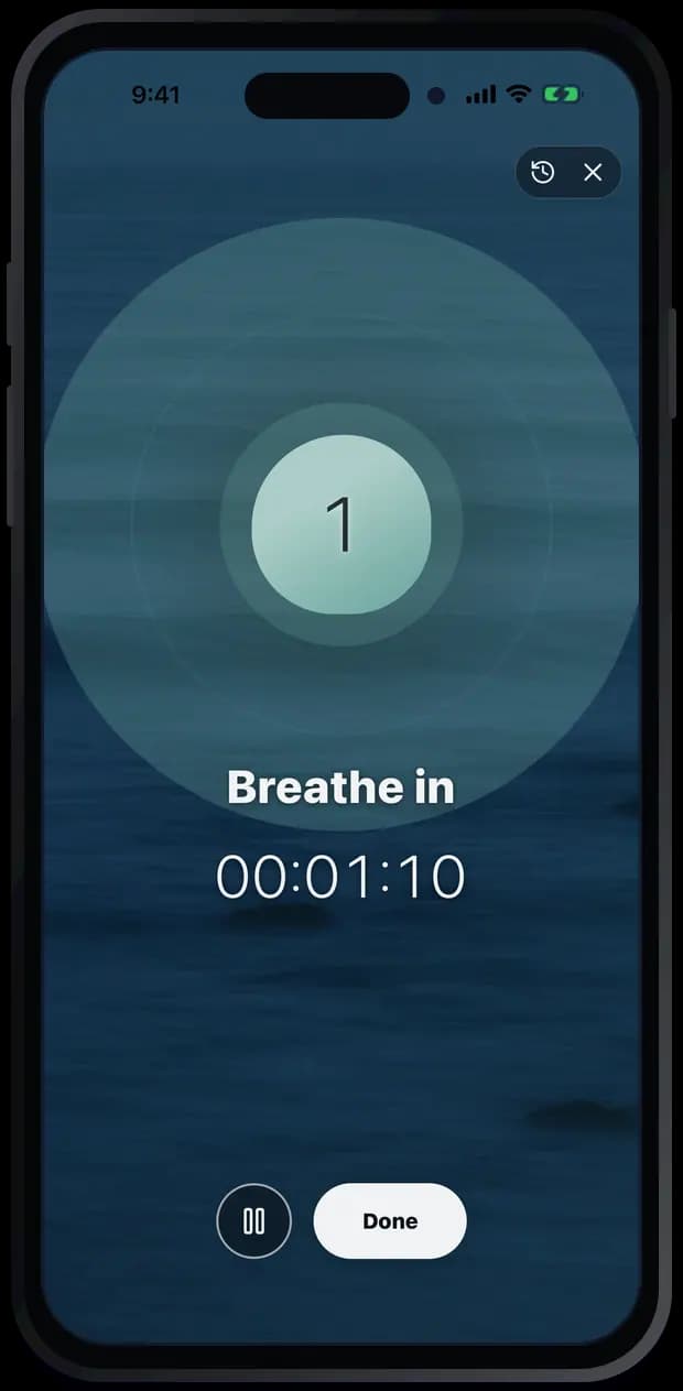 Paced breathing session with an ocean soundscape and session timer