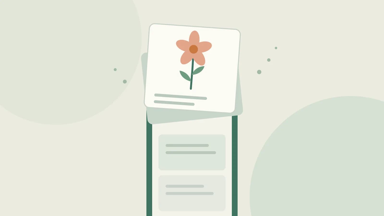 A stack of soft paper cards rising from a phone, with a small flower opening on the top card