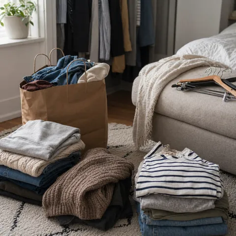 A bedroom chair stacked with sorted clothes, a donation bag on the floor, and neat keep and donate piles in soft daylight.