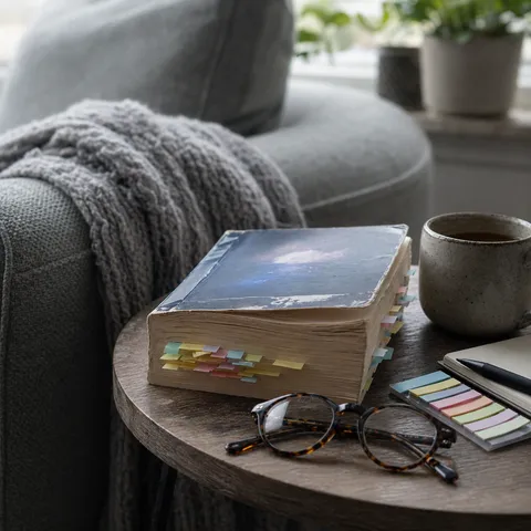 A thick dog-eared novel resting open beside reading glasses, sticky tabs, and a mug on a lived-in sofa arm.