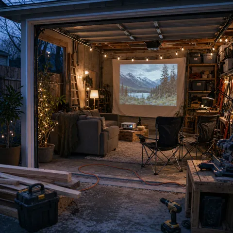 A garage in progress with string lights, a projector screen, folding chairs, tools, and an inviting corner taking shape.