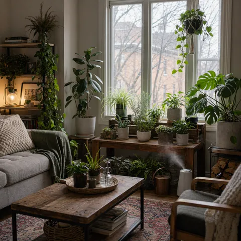 A window lined with healthy houseplants, watering can, misting bottle, and winter light brightening the room.
