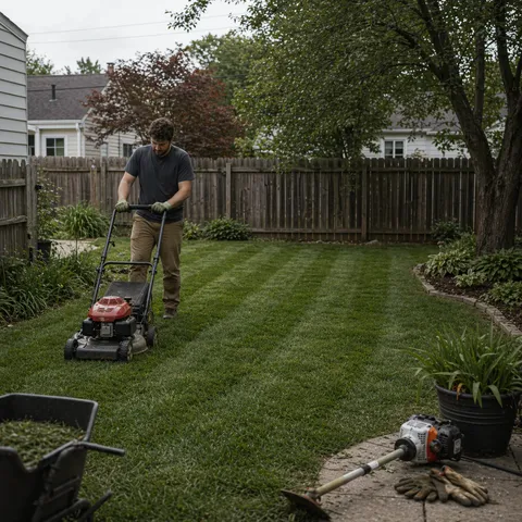 Fresh mower lines across a backyard lawn with gardening gloves and a trimmer resting near the edge of the grass.