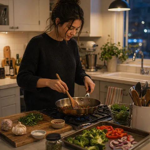 Ingredients, a skillet, and handwritten recipe notes spread across a home kitchen counter during a realistic weeknight cook.