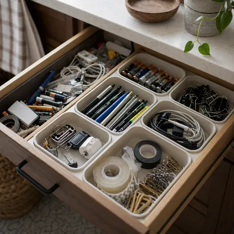 A junk drawer halfway sorted into tidy containers with batteries, tape, pens, and loose odds and ends finally separated.