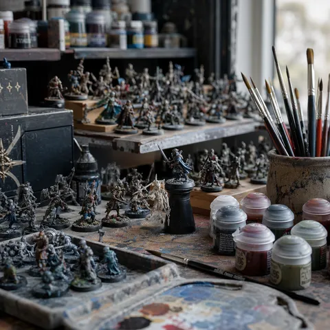 A tabletop hobby desk with rows of hand-painted fantasy miniatures, tiny brushes, and a half-finished figure under warm lamplight.