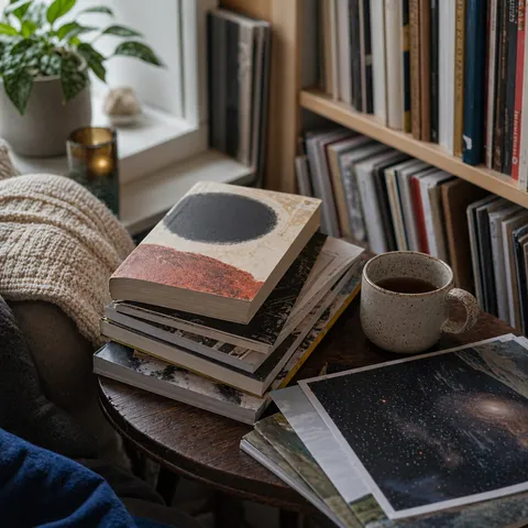 A wooden bookshelf with an eclectic mix of hardcovers and magazines, suggesting a deliberate step outside someone’s usual reading habits.