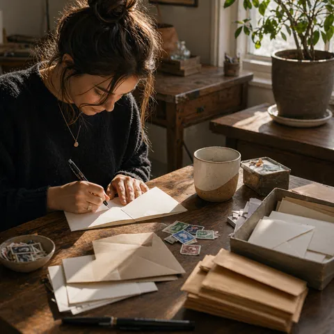 A writing desk with thank-you cards, stamps, envelopes, and hands finishing a note in warm afternoon light.