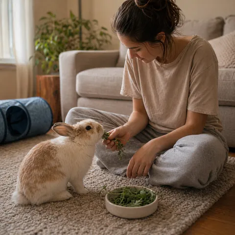 A person sitting on a rug with a pet rabbit, toy tunnel, and leafy greens scattered across a cozy living room floor.