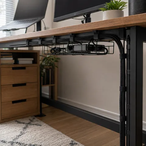 A clean under-desk home office scene with cables routed into sleeves and clips, a power strip tucked neatly away, and no visible labels or text.